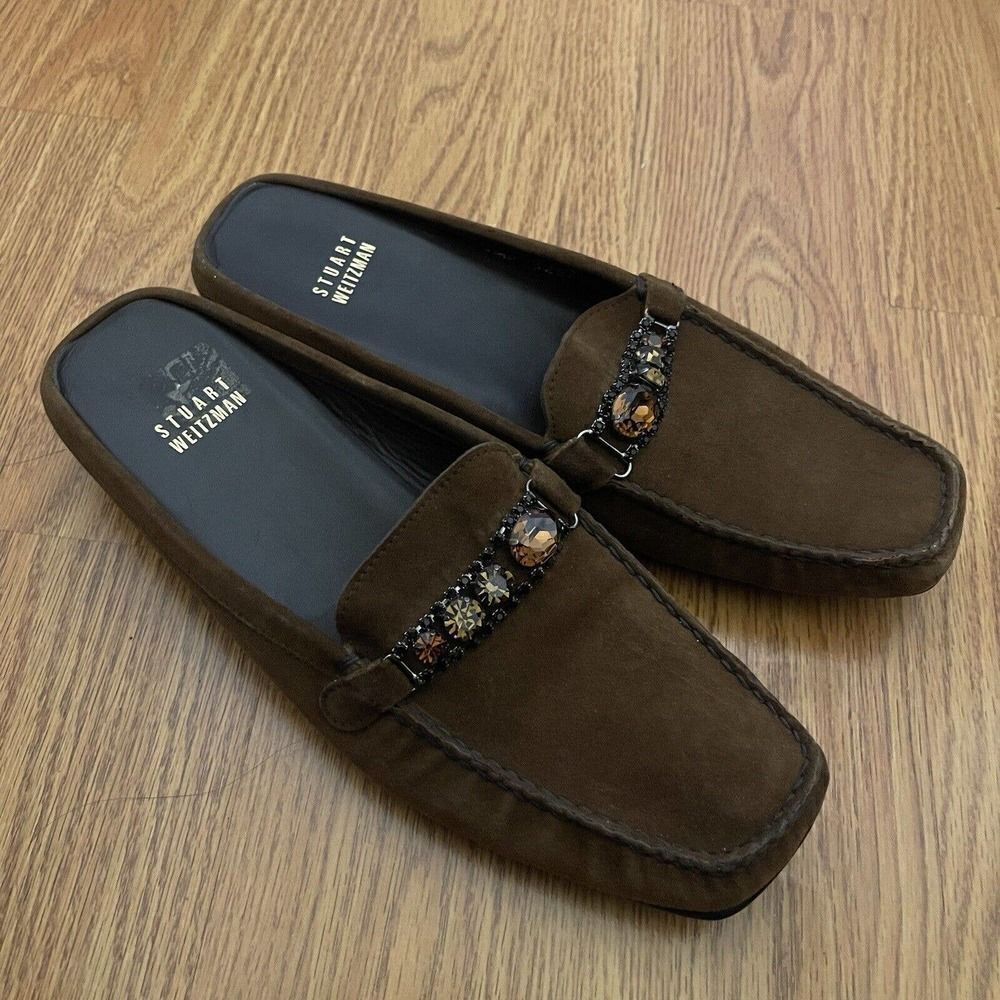 STUART WEITZMAN brown suede leather slip on loafers with rhinestones size US 8